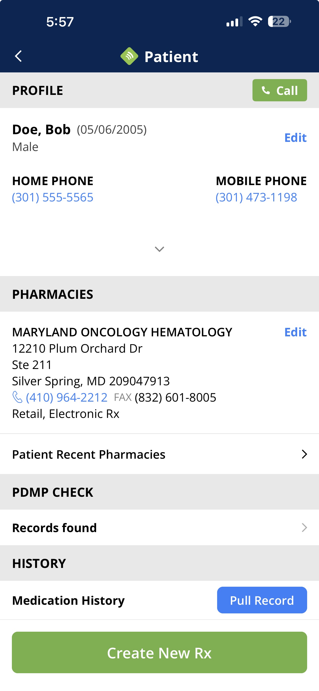 Patient profile screen with the Edit button highlighted next to the patient's name.