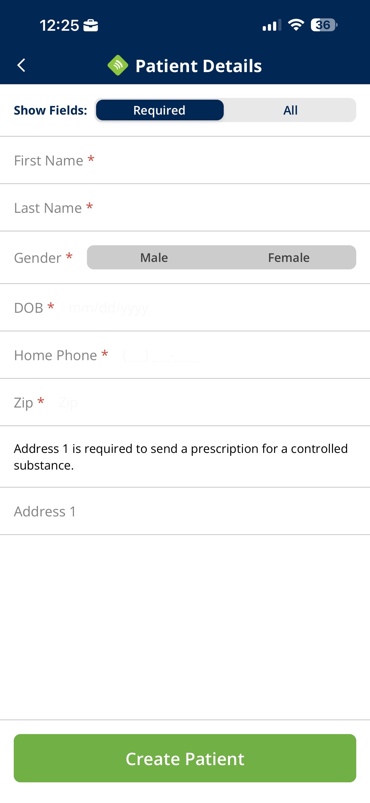 Patient Details screen showing all fields including name, address, city, and the Update button.