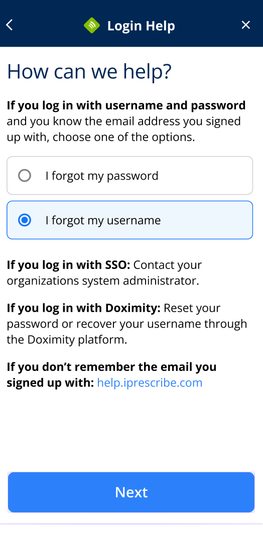 Login Help page with I forgot my username selected