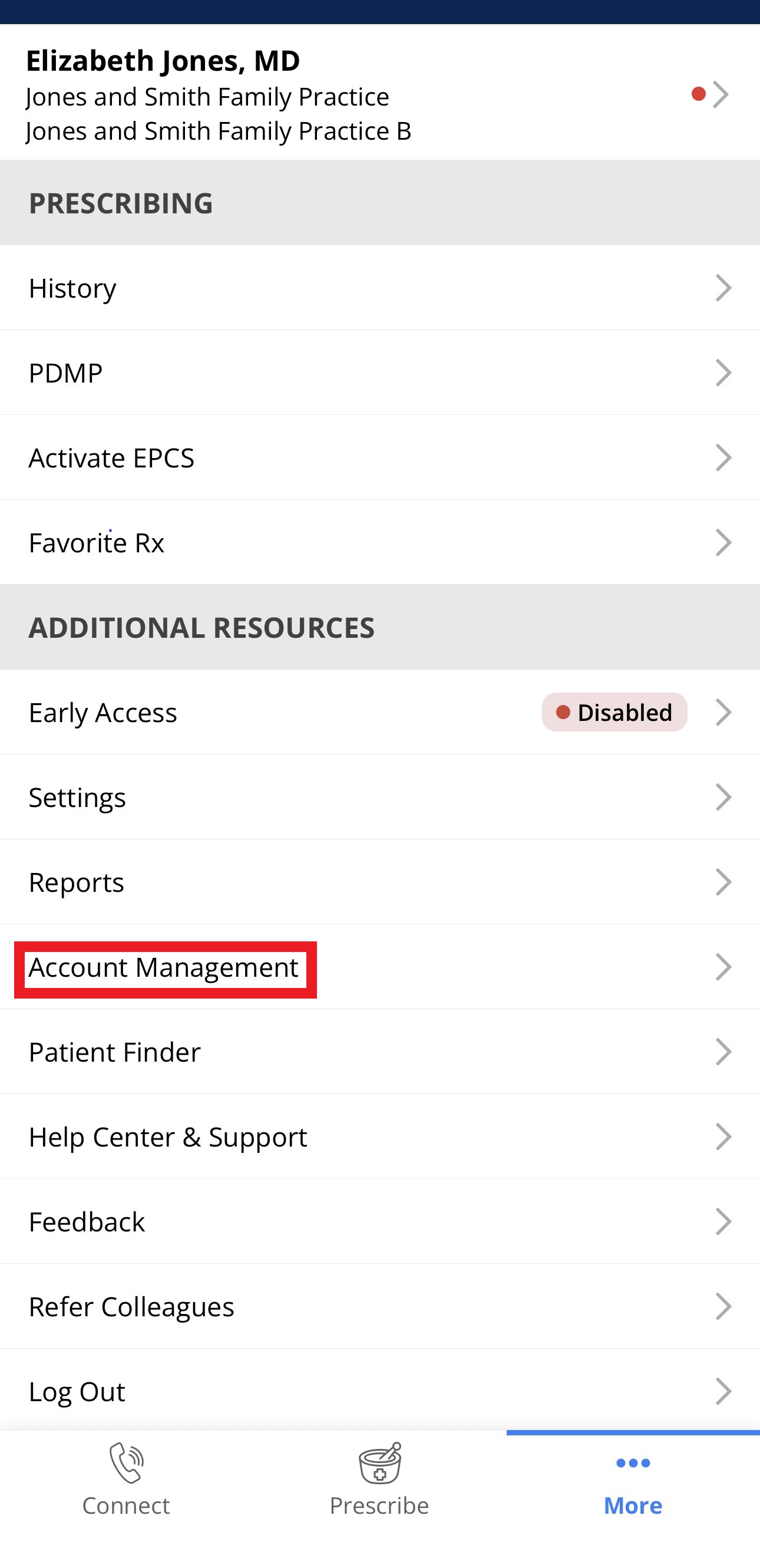 iPrescribe app More tab with Account Management option