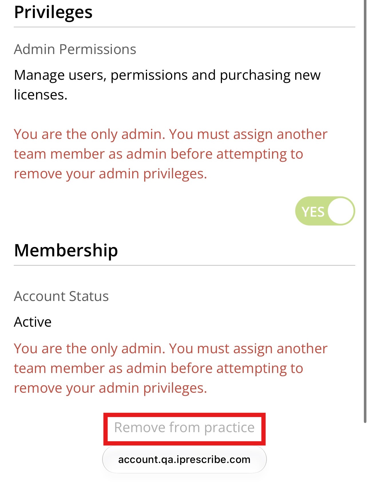 Account screen with Remove from practice button