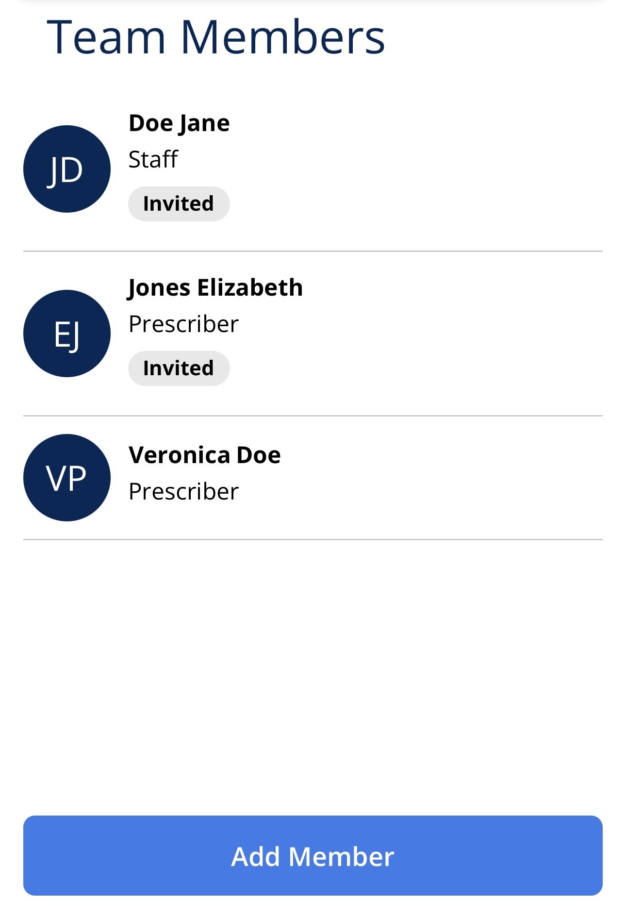 Team Members screen
