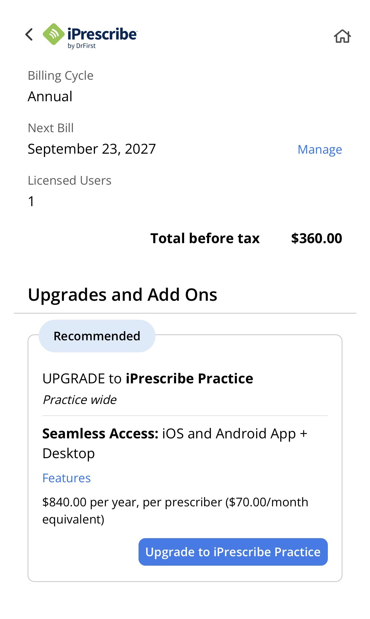 Licenses screen with Plan section and Next Bill date