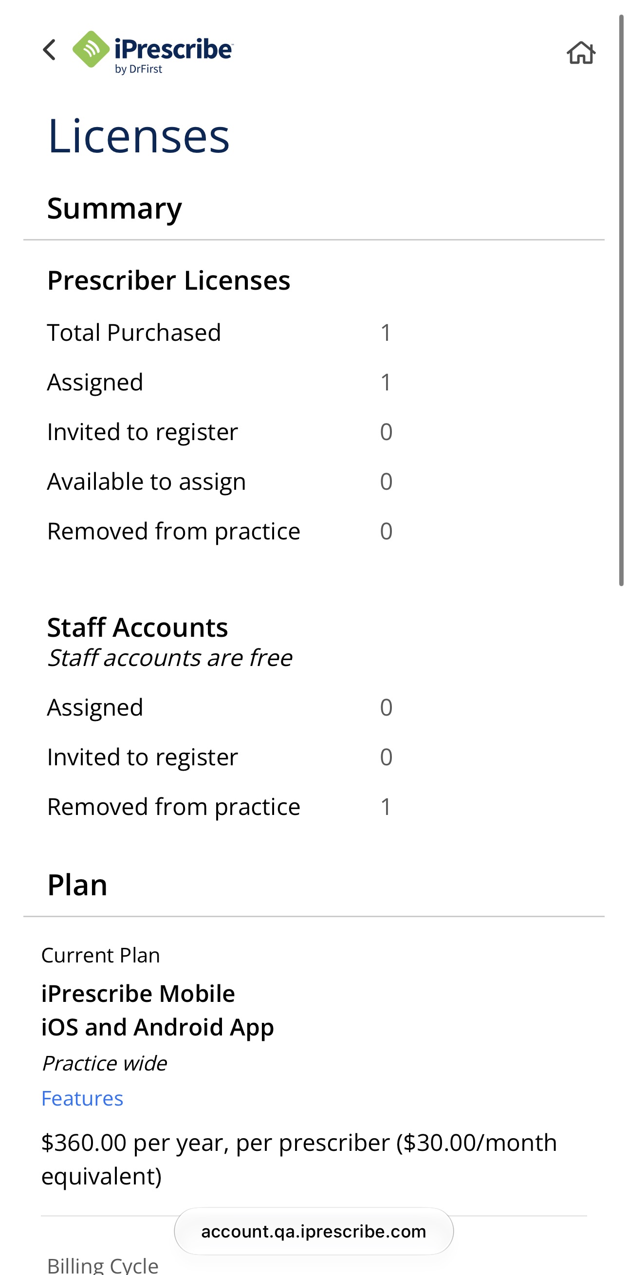 Licenses screen with Summary section