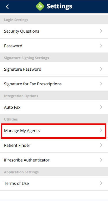 iPrescribe Settings Menu Manage My Agents option